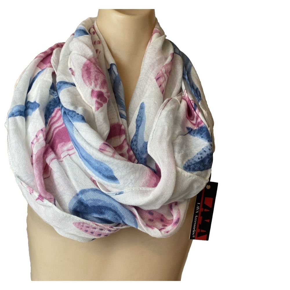 New Lava Accessories infinity scarf white w blue pink seashells viscose